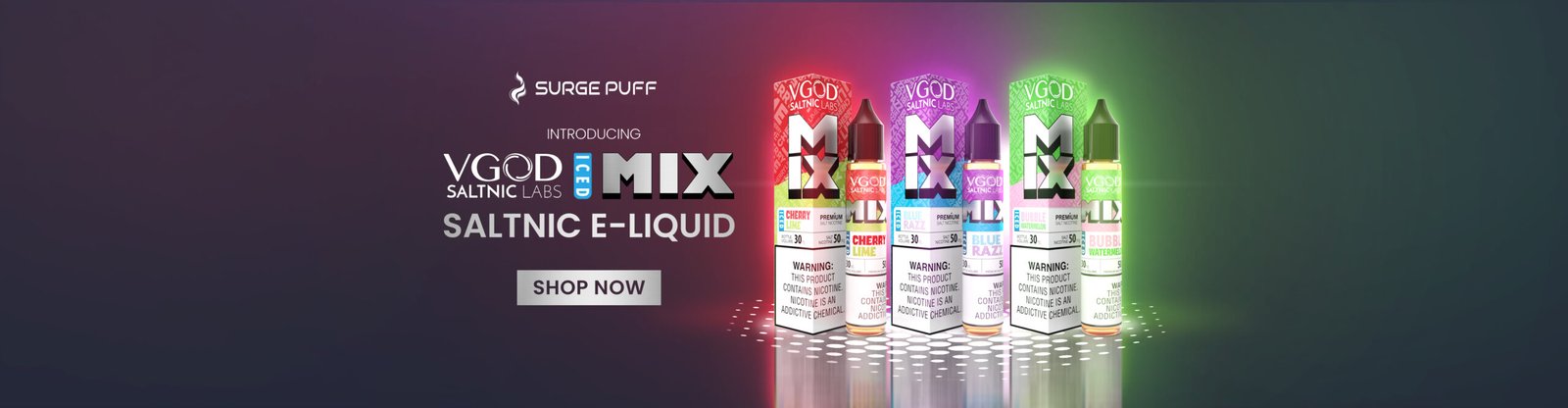SurgePuff banner introducing VGOD SaltNic Labs Iced Mix E-Liquid collection. Featured premium salt nicotine flavors include Iced Cherry Lime, Blue Razz, and Bubble Watermelon. Shop the best iced vape juice and salt nic at SurgePuff.
